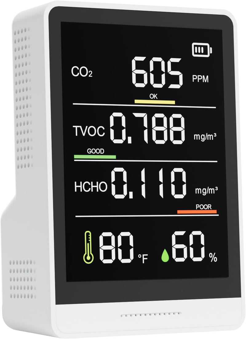 [Australia - AusPower] - 5-in-1 Professional Indoor Air Quality Monitor Indoor Portable CO2 Monitor | Temperature | Formaldehyde Detector | Humidity TVOC | Air Quality Tester - Confined Space Clean Air Monitor (White) White 
