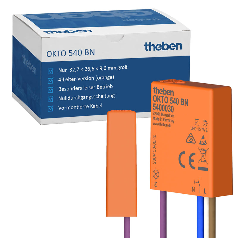 Theben 5400030 OKTO 540 BN Mini Flush-Mounted Push Switch Silent | Ultra-compact 32.7 x 26.6 x 9.6 mm, 150 W LED, pre-assembled cable, 0.2 W stand-by, zero crossing circuit