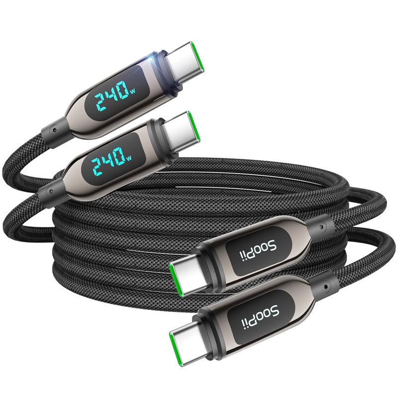 SOOPII 240W USB C to USB C Cable, [10ft,2Pack] Nylon Braided Fast Charging Cable with LED Display for lPhone 17/17 Pro/16 Plus/15 Pro Max,lPad Air,MacBook Pro,Galaxy S25/S24, Pixel, LG (Black) Black 3M 2Pack - 240W
