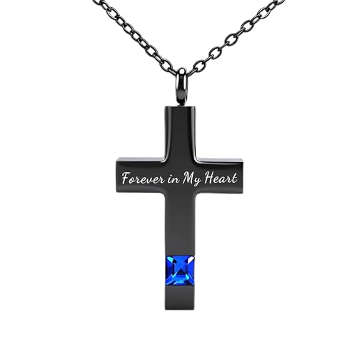 Cross Urn Necklace for Ashes Birthstone Cremation Jewelry Keepsake Pendant for Women Men with Funnel Filler Kit Memorial Gifts for Human Pet Forever in my heart Black Blue