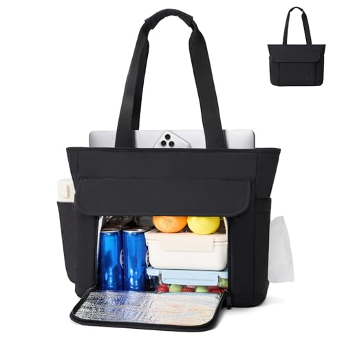 Black Lunch Tote Bag for Women, 15.6-17.3 Inch Laptop Tote Bag with Insulated Lunch Compartment, Leakproof Water-resistant Large Capcity Travel Bag for Work Office Picnic Beach, Elegant Black 23 liters 19