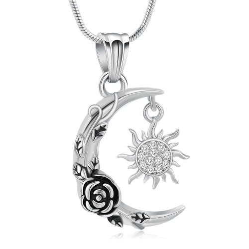 Crescent Moon and Sun Rose Urn Necklace Cremation Jewelry for Human Ashes for Women Men Memorial Ashes Keepsake Pendant Silver