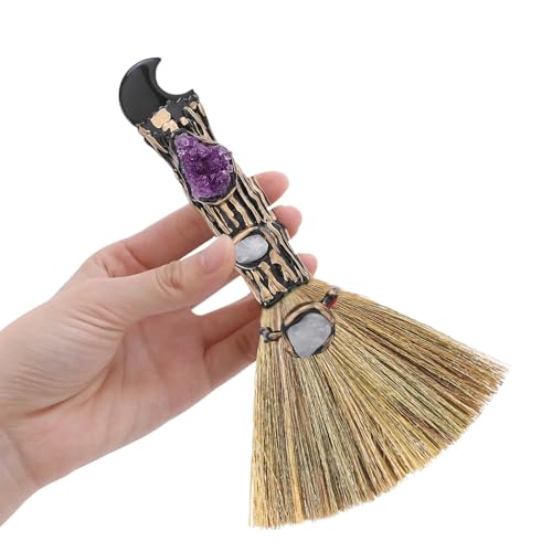 RENEMEGO Witch Crystal Altar Broom - Witchcraft Supplies Wiccan Decor Altar Supplies with Moon Black Obsidian Natural Healing Crystals Reiki Energy Emotional Regulation Wealth Attraction Crafts