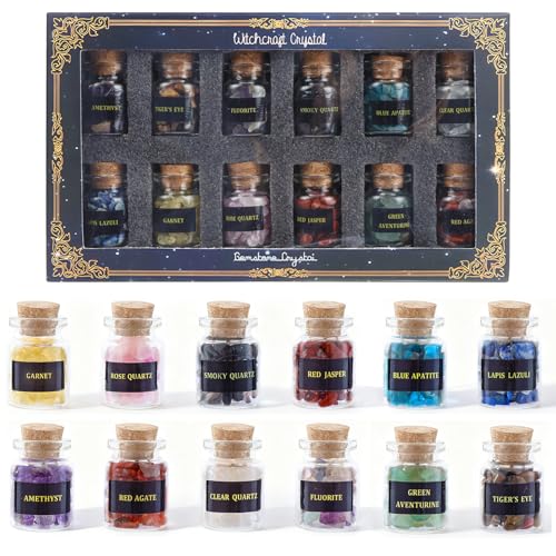 12 PCS Crystals and Healing Stones - Healing Crystal Chips in Jar Witch Stuff Witchcraft Supplies Reiki Crafts for Meditation Therapy Energy Clearing Witch Gift for Beginners 12 Pcs Crystals and Healing Stones