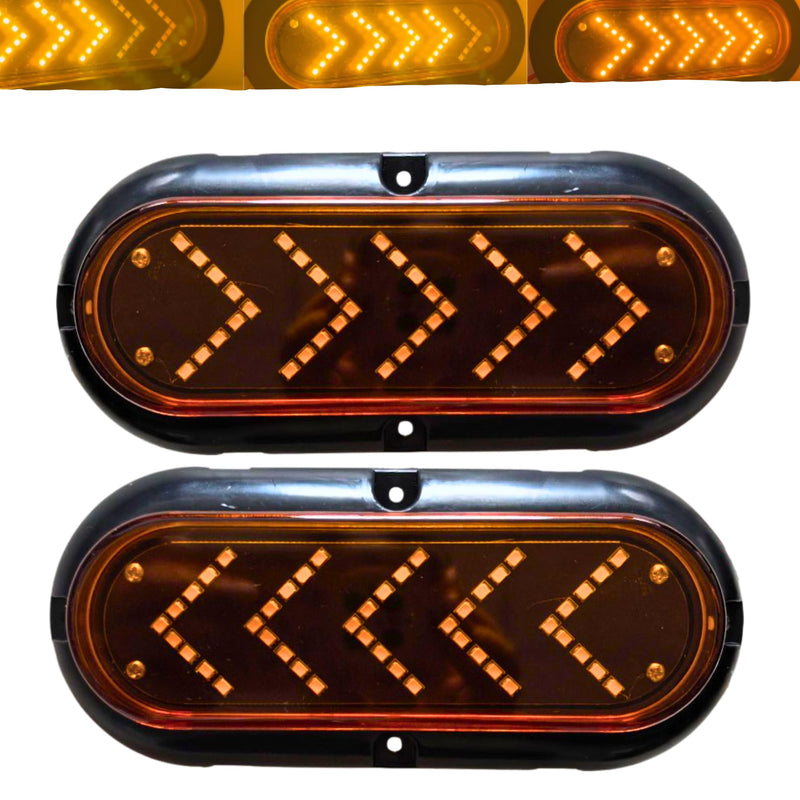 6" Oval Sequential Amber 45 LED Arrow Pointing Turn Signal Indicator Lights Truck Trailer Surface Mount Amber Lens Waterproof Sealed Marker Clearance Lights Flange Mount 12V 2 Pack IP67 3 PIN PLUG Clear Lens/Surface Mounting Bracket