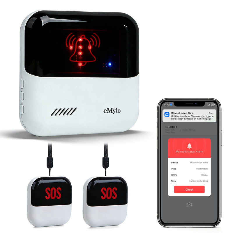 eMylo WiFi Caregiver Pager System, SOS Emergency Call Button for Elderly, Home Medical Alert with App Alerts, No Monthly Fee, 2 Panic Buttons + 1 Receiver, 426Ft Range for Seniors, Patients & Disabled