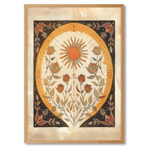Framed Orange Sun and Roses Sun Wall Art Poster Mystical Minimalist Folk Canvas Painting Moody Flowery Spiritual Print Botanical Boho Norse Mythology Earth Tones Bedroom Home Decor 8x12inch 8"L x 12"W Folk print