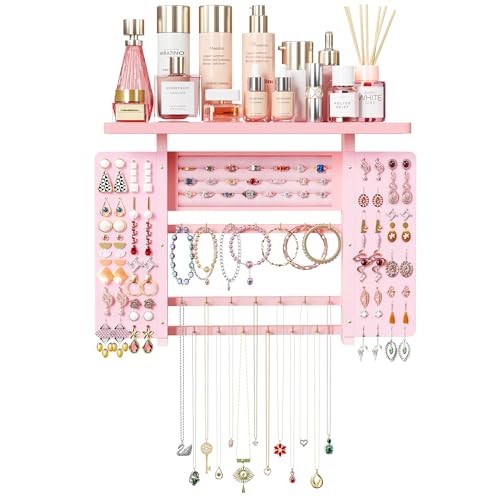 Emfogo Jewelry Organizer Hanging Wall Mounted Jewelry Holder, 5-in-1 Large Capacity Wood Necklace Organizer Wall Display for Ring, Necklaces, Bracelets, Earrings (Pink) Pink
