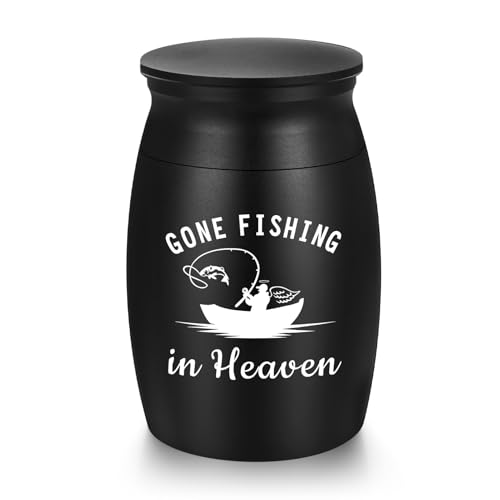 Abooxiu Small Urns for Human Ashes Keepsake 2.76 Inches Mini Urns for Ashes Memorial Small Cremation Keepsake Urn Mini Funeral Burial Decorative Urn for Adult Males Females - Gone Fishing in Heaven Non-customized