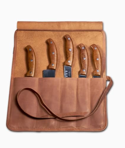Caramel brown leather knife roll bag by OMBUO, professional chef's case with multiple compartments for knife storage and protection.