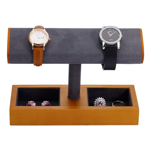 PH PandaHall 1pc Wood Watch Display Stand Jewelry Organizer with Velvet Tray Grid Grey T Shaped Bracelet Holder for Women Men Home Store Decor Christmas Birthday Gift Decoration