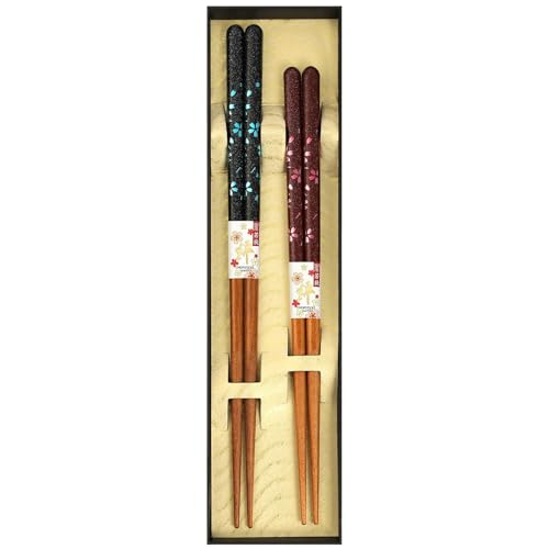 Japanese Chopsticks Set of 2 Pairs [Made in Japan] - Metallic Foil Finish Lacquered Wooden Chopsticks (Cherry Blossom Delight 2prs (MK055)) Cherry Blossom Delight 2prs (MK055)