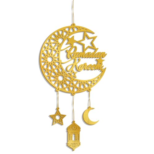 FUNCATCHER Ramadan Decorations for Home - 8.5x8.5 Inch Golden Acrylic Crescent Moon Hanging Ornaments, Islamic Eid Wall Door Decor (1, A) 1