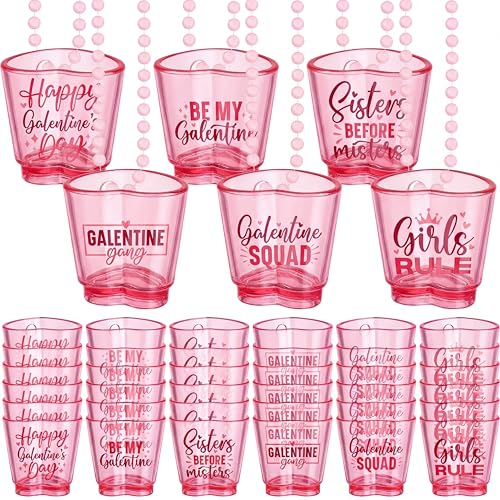 FoldTier 24 Set Galentine's Day Shot Glass on Beaded Necklace Pink Heart Shaped Shot Glasses Cute Plastic Galentines Gang Cups Necklaces Set for Bachelorette Valentines Wedding Party Favors