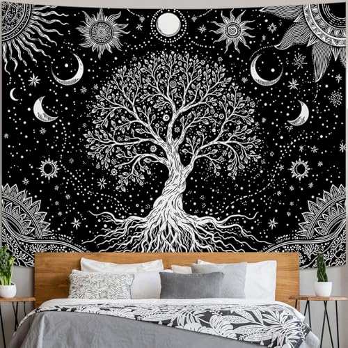 Spenlife Spiritual Tree of Life Tapestry, Black and White Tapestries for Bedroom, Gothic Wall Decor, Celestial Tapestries (60" x 44") 60"L x 44"W Black White