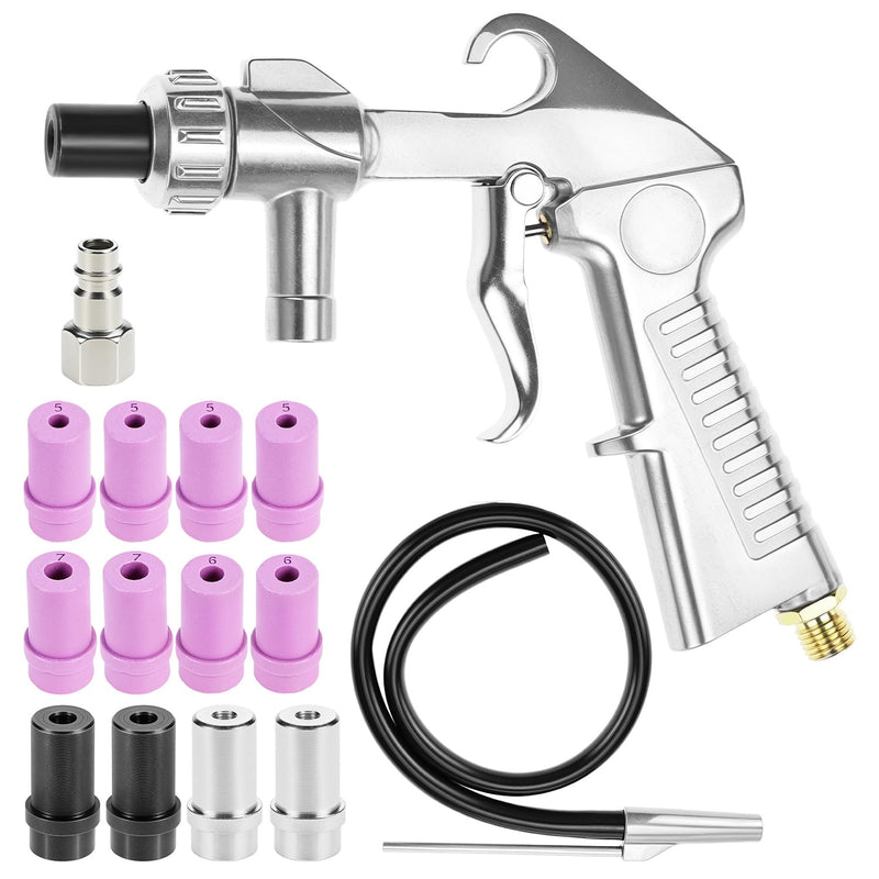 QWORK Compressed Air Sandblasting Gun Set, with 12 Nozzles, Rubber Hose and Quick Connector for Versatile Cleaning Applications