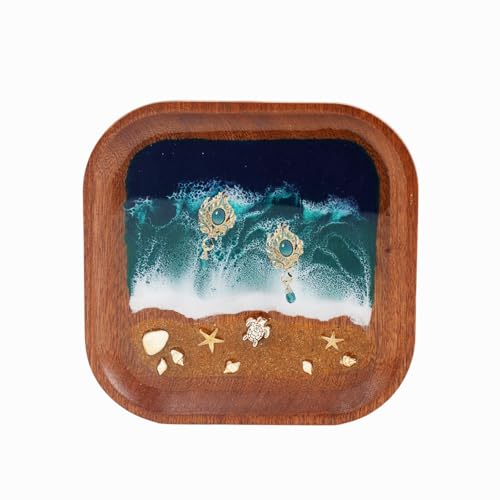 Handmade Seashell Resin Tray – 6x6 Inch Beach Decor Organizer with Real Sand, Starfish & Natural Wood Base – Coastal Nautical Jewelry Dish for Rings, Earrings, Keys