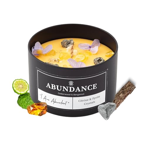 Abundance Crystal Candle – Citrine & Pyrite Crystals for Wealth & Success. Infused Cedarwood & Bergamot Scented Manifestation Candle with Gold Leaf & Hydrangea. Spiritual Gifts for Women Abundance