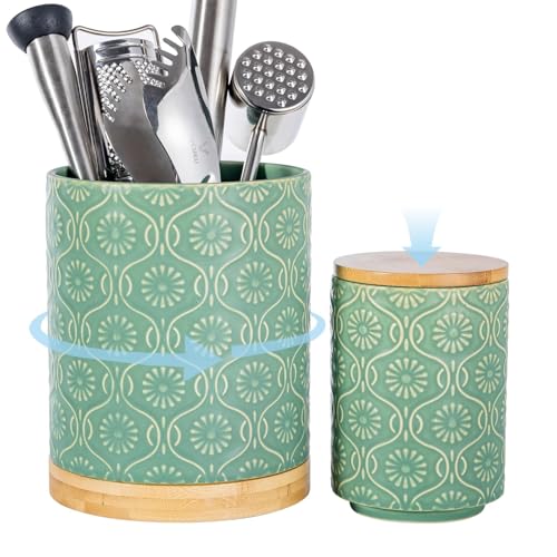 TEATALK Ceramic Canister with Airtight Lid, Cookie & Coffee Canister for Countertop, Food Storage Jar for Sugar, Tea, Matcha, Candy, Coffee Bean Container, Green,7.7"+5.7" Set2-Green