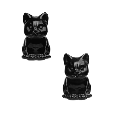 Rockcloud 2PCS Black Obsidian Hand Carved Crystal Sitting Cat Statues 1.5"