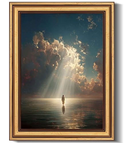 Gold Framed Jesus Canvas Wall Art Jesus Walking on Water Painting Picture Wall Decor Christian Religious Modern Prayer Poster Print Artwork for Prayer Room Living Room Bedroom Home Decoration 16"L x 12"W