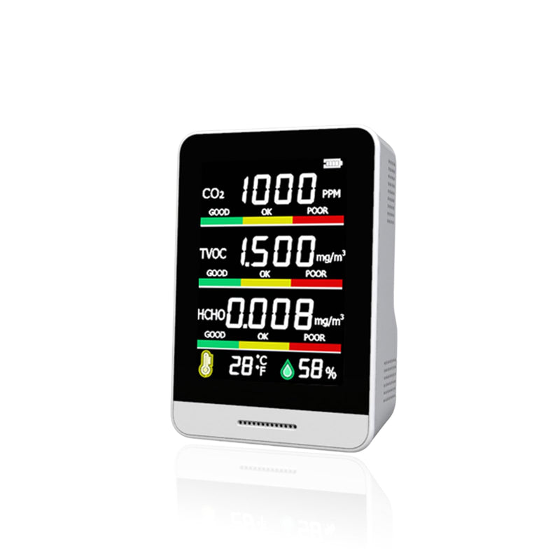 8-in-1 Air Quality Monitor | with Real-Time Temp, Humidity & Clock Display | Portable CO2, HCHO, TVOC, AQI Detector for Home, Office, Car