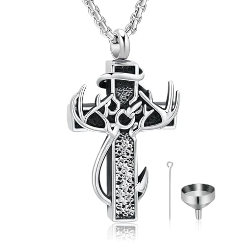 Cross Urn Necklace for Ashes Deer Antler Hook Cremation Jewelry Fishhook Memorial Keepsake Urn Pendant Ashes Holder for Women Men Silver