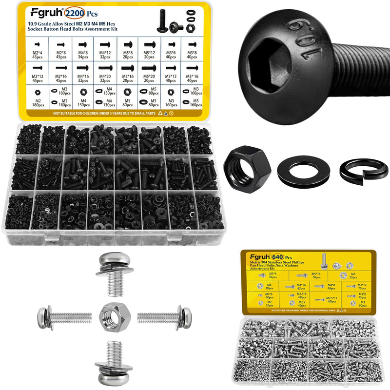 [Australia - AusPower] - 2200PCS Metric M2 M3 M4 M5 Hex Socket Button Head Bolts Assortment Kit & 640PCS M2 M2.5 M3 M4 M5 Machine Screws Assortment Kit 