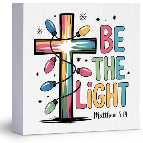 Inspirational Christian Sign Box Bible Verse Decor, Be The Light Matthew 5:14 Christmas Cross Wood Block Sign Decoration for Home Office Desk Table Shelf Wall