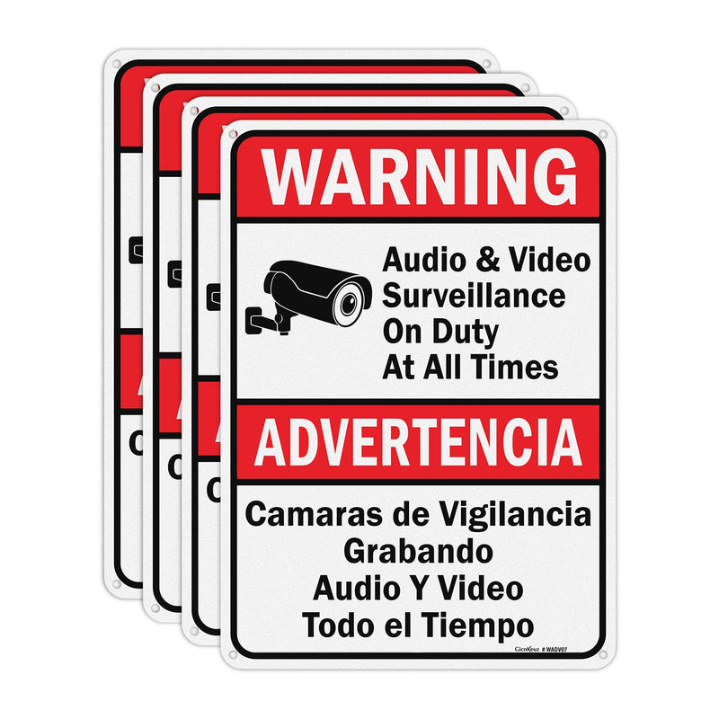 GicnKeuz Audio & Video Surveillance on Duty at All Times signs,10 x 7 Inches Safety Warning Sign .040 Reflective Aluminum,Waterproof and Fade Resistant,4 Pre-drilled holes,Easy to Install, Indoors and Outdoors Use(4-pack) 10 x 7 Inches - 4 packs