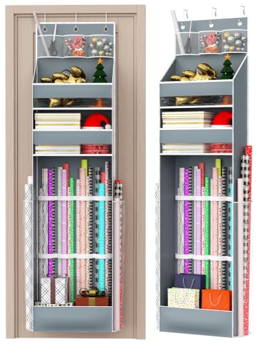 Hanging Gift Wrapping Paper Storage, Christmas Wrapper Bag Container, Long Craft Roll Organizer, Present Wrap Holder for Closet, Door (Gray) Gray