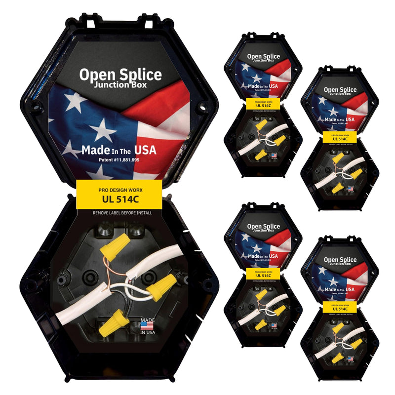 Open Splice Junction Box 5-Pack | UL 514C | One-Piece Polycarbonate Box, Code-Approved, Durable DIY Electrical Splice Enclosure in Black | Fast Installation for Safe Wiring Connections 5 Pack