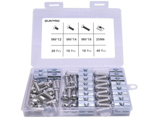 QIJINTRID 80-piece M6 T-nuts and stainless steel socket cap screws kit for 1010 aluminum extrusion, silver