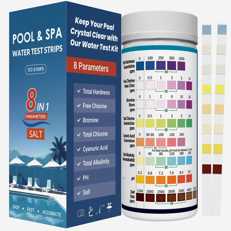 All-New 2026 8-in-1 Pool Test Strips -150 CT Pool Salt Test Strips | Salt Water Pool Testing Kit for Salt Water Pools, in & Above-Ground Pools, Hot Tubs&Spas| Quick&Accurate Testing Chlorine,pH,Salt 8 in 1 150 Strips