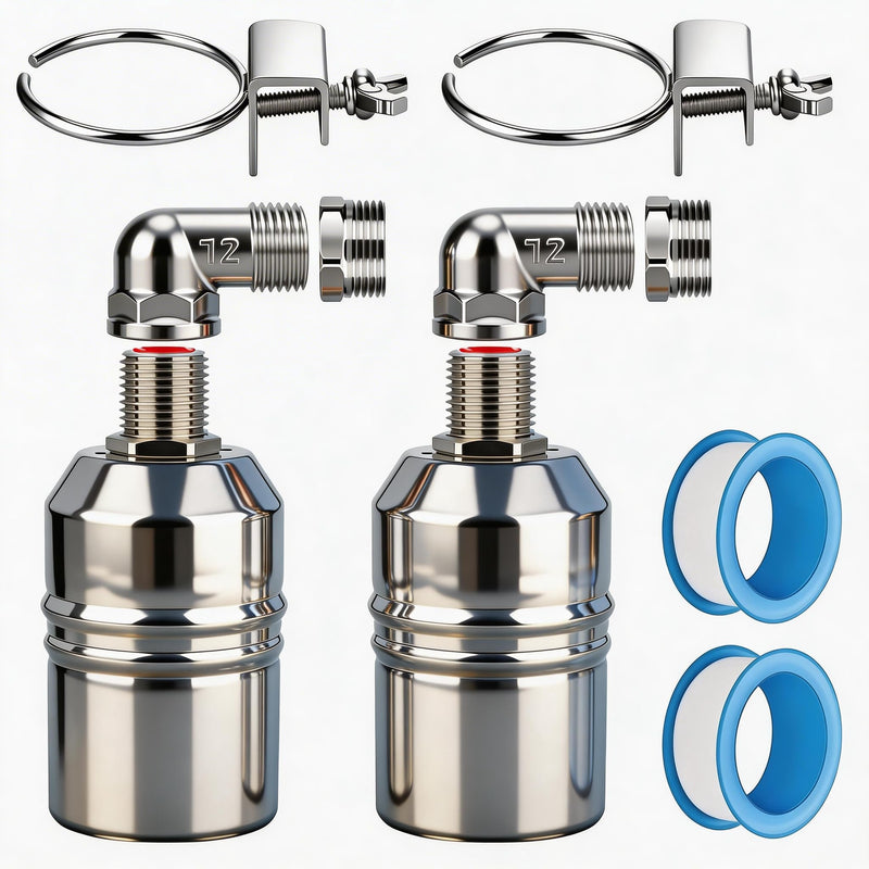 1/2“ 304 Stainless Steel Automatic Water Level Control Float Valve for Water Tank, Cattle Trough, Pools, Livestock (With Elbow, Metal Clip, 1/2" to 3/4" adapter) (2-Pack) 2-Pack