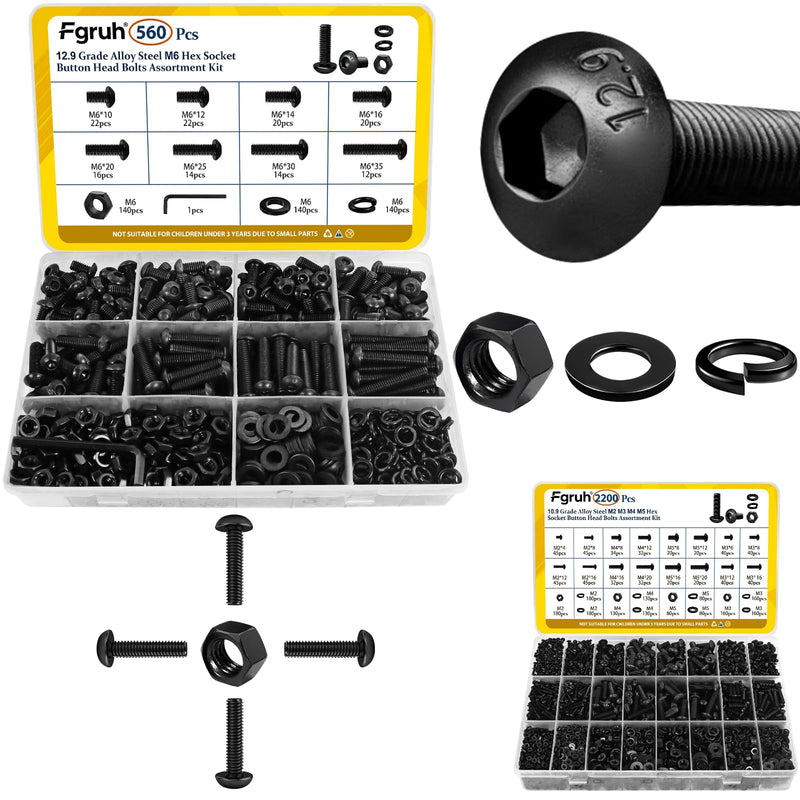 [Australia - AusPower] - 560PCS M6 Hex Socket Button Head Bolt Assortment Kit & 2200PCS M2 M3 M4 M5 Hex Socket Button Head Bolts Assortment Kit, Black Zinc Plated 