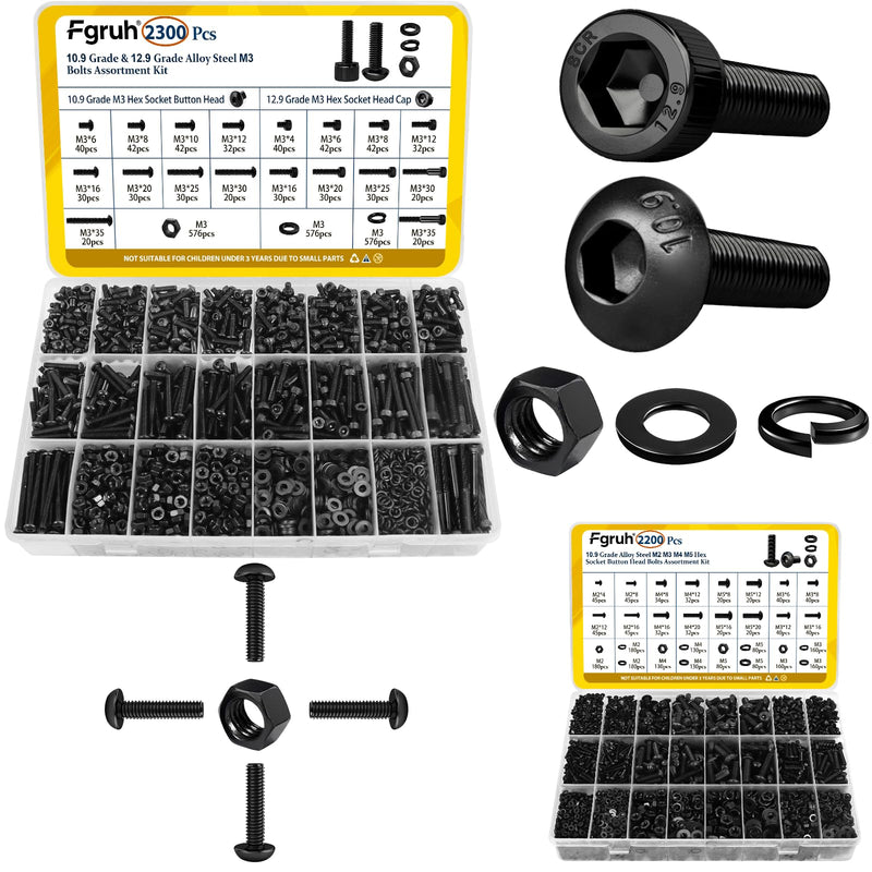 [Australia - AusPower] - 2300PCS M3 Screws with Nuts Assortment Kit & 2200PCS M2 M3 M4 M5 Hex Socket Button Head Bolts Assortment Kit, Black Zinc Plated 