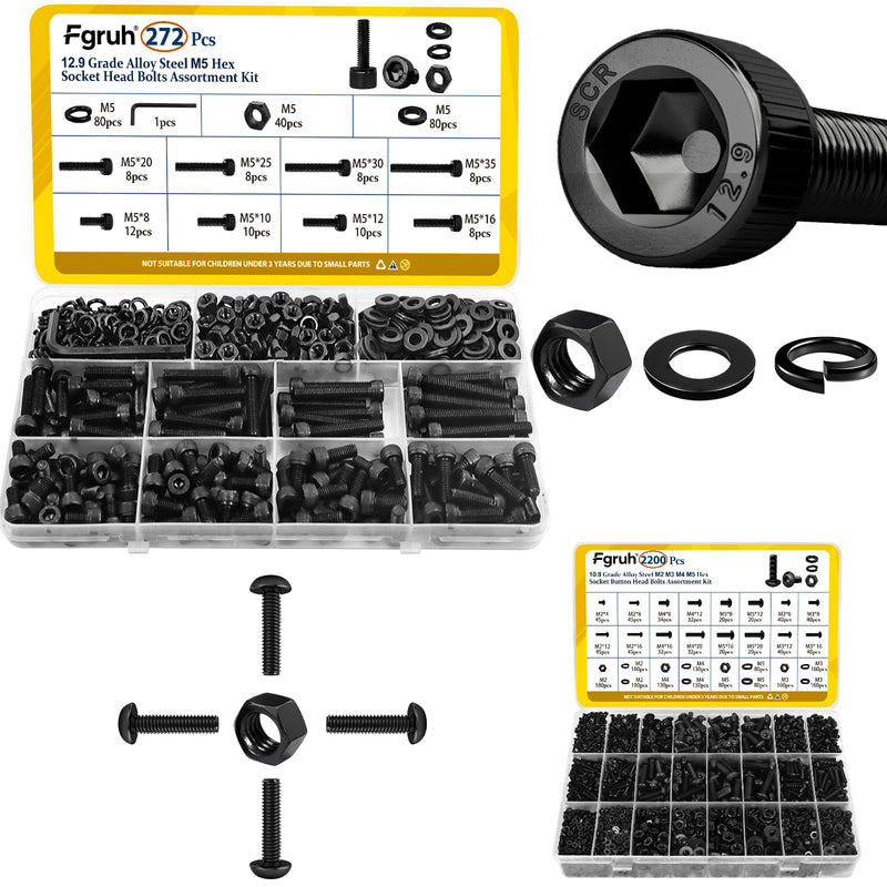 [Australia - AusPower] - 272PCS M5 Hex Socket Head Bolts Assortment Kit & 2200PCS M2 M3 M4 M5 Hex Socket Button Head Bolts Assortment Kit, Black Zinc Plated 