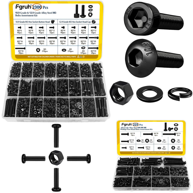 [Australia - AusPower] - 2300PCS M3 Screws with Nuts Assortment Kit & 225PCS Metric M4 M5 M6 Machine Screws Assortment Kit, Black Zinc Plated 