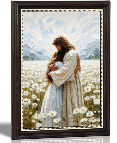 FKRYTYB Vintage Brown Framed Jesus Hugging Girl Canvas Wall Art 12x16in Jesus Embrace 16"L x 12"W