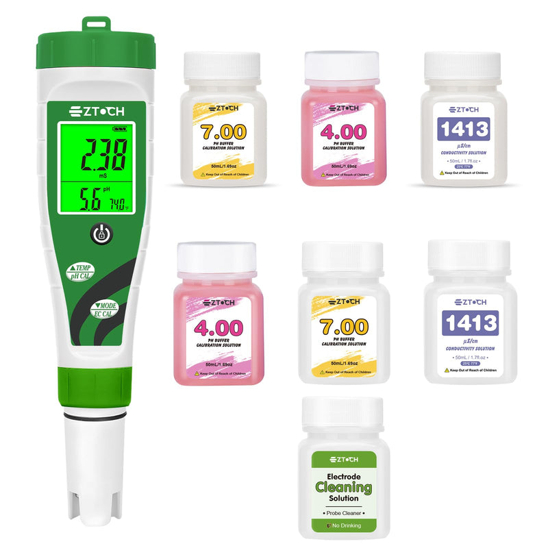 [Australia - AusPower] - pH Meter for Water Hydroponic with Calibration Solution, 4 in 1 pH Meter with pH 4.0 7.0 & EC 1413μS/cm Calibration and Probe Cleaning Solution for Water, Pool, Aquarium, Fish Tank 
