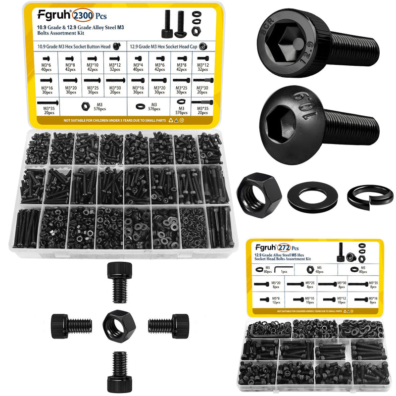 [Australia - AusPower] - 2300PCS M3 Screws with Nuts Assortment Kit and 272PCS M5 Hex Socket Head Bolts Assortment Kit, 12.9 & 10.9 Grade Alloy Steel Black Zinc Plated Screw for 3D Printer,DIY 