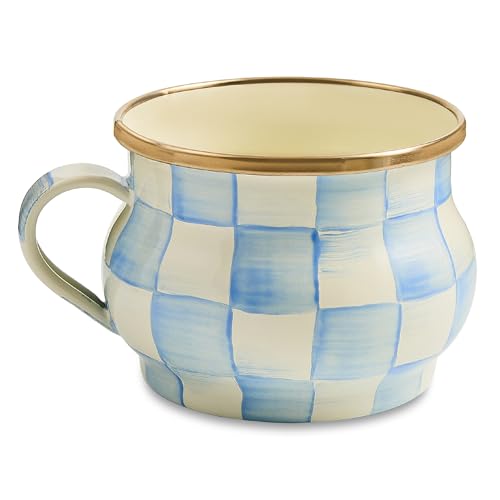 MACKENZIE-CHILDS Enamel Teacup, Unique Coffee and Tea Mug, Enamel Cup for Hot Tea, 10 Ounces, Light-Blue-and-White Sky Check