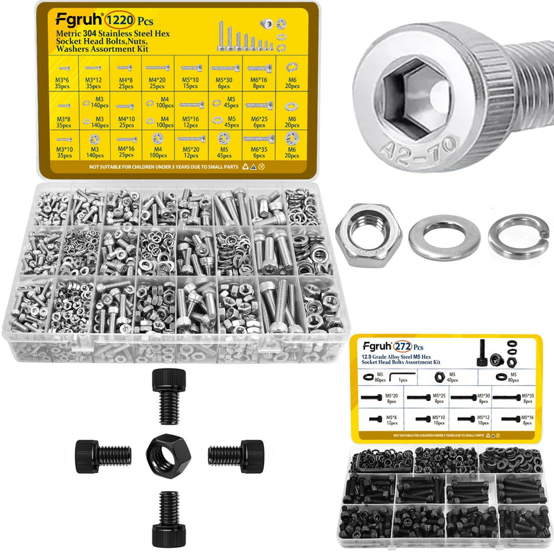 [Australia - AusPower] - 1220PCS M3 M4 M5 M6 Metric Hex Socket Head Screws Assortment Kit & 272PCS M5 Hex Socket Head Bolts Assortment Kit for 3D Printer,DIY 