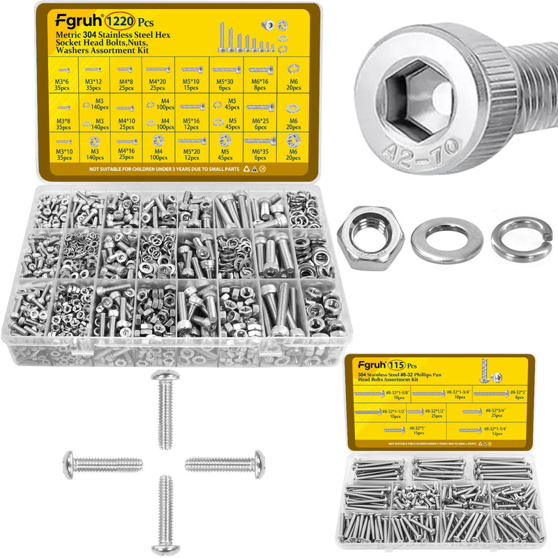 [Australia - AusPower] - 1220PCS M3 M4 M5 M6 Metric Hex Socket Head Screws Assortment Kit & 115PCS SAE #8-32 Phillips Pan Head Screws Bolts Assortment Kit 
