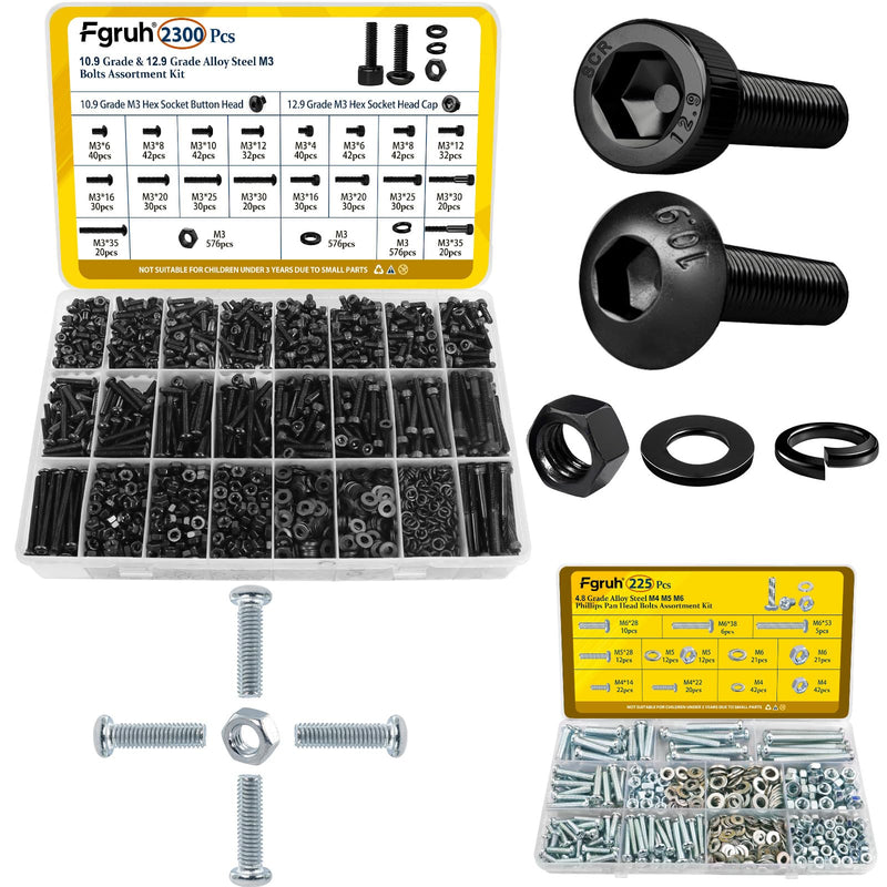 [Australia - AusPower] - 2300PCS M3 Hex Socket Button & Cap Head Bolts Assortment Kit and 225PCS Metric M4 M5 M6 Machine Screws Assortment Kit Silver 