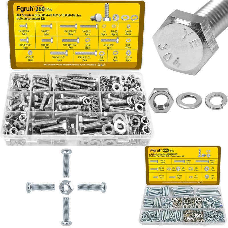 [Australia - AusPower] - 260PCS SAE 1/4-20, 5/16-18, 3/8-16 Hex Bolts Assortment Kit & 225PCS Metric M4 M5 M6 Machine Screws Assortment Kit Silver 