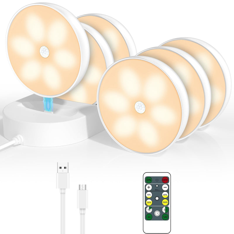 LED Closet Lights Motion Sensor Puck Light with Charge Station, USB Rechargeable Battery Operated Puck Step Lights, Dimmable Under Cabinet Lighting for Counter Wardrobe Kitchen (6 Pack) Warm White 6 Pack with Stand