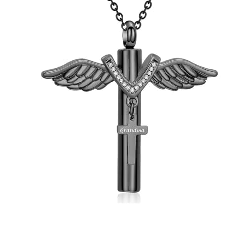 Cross Urn Necklace for Mom Dad Grandma Grandpa Brother Uncle Aunt Angel Wings Cremation Pendant Memorial Keepsake Jewelry