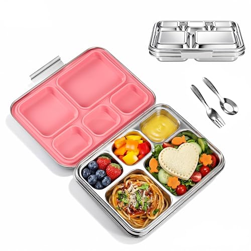 Stainless Steel Bento Lunch Box： 7+Older Kids，Teens and Adults, Leak-Proof, BPA-Free, 5 Compartments, Eco-Friendly, Durable Lunch Box for School, Office, Fitness, Travel, and Meal Prep–（Pink) Pink